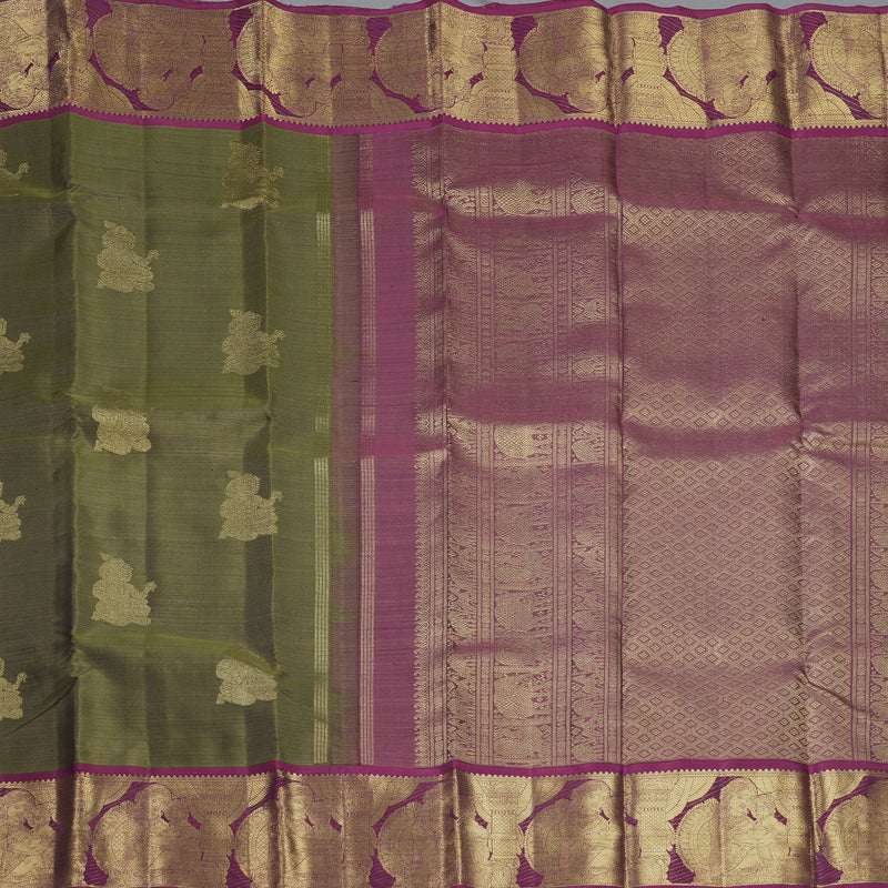 Hayagrivas Handloom Olive Green Kanjivaram Silk Saree with Purple Border KBFL162F1-1
