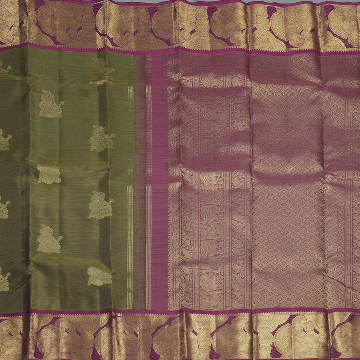 Hayagrivas Handloom Olive Green Kanjivaram Silk Saree with Purple Border KBFL162F1-1