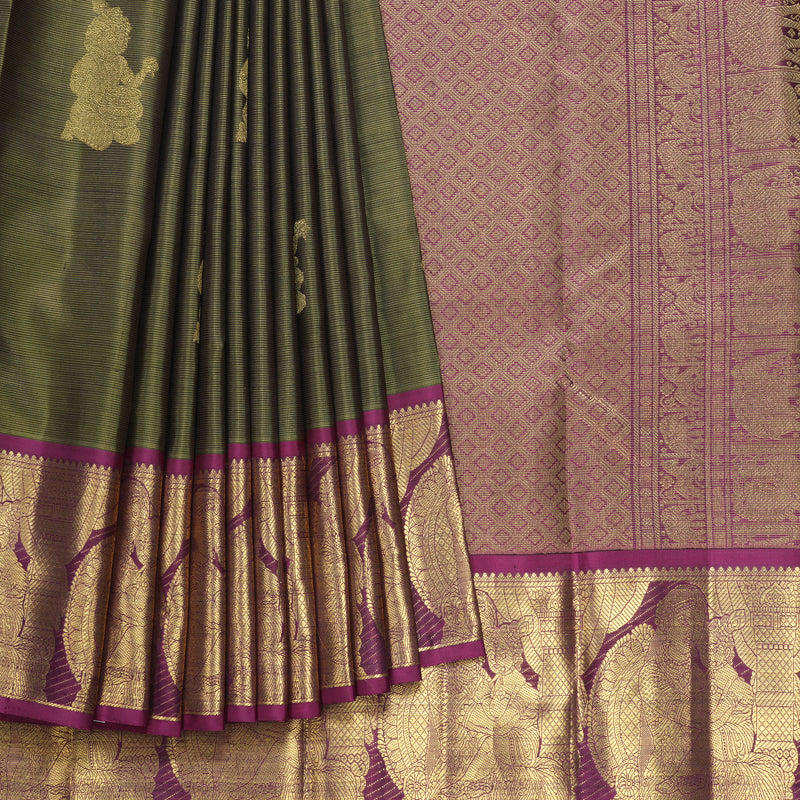 Hayagrivas Handloom Olive Green Kanjivaram Silk Saree with Purple Border KBFL162F1-1