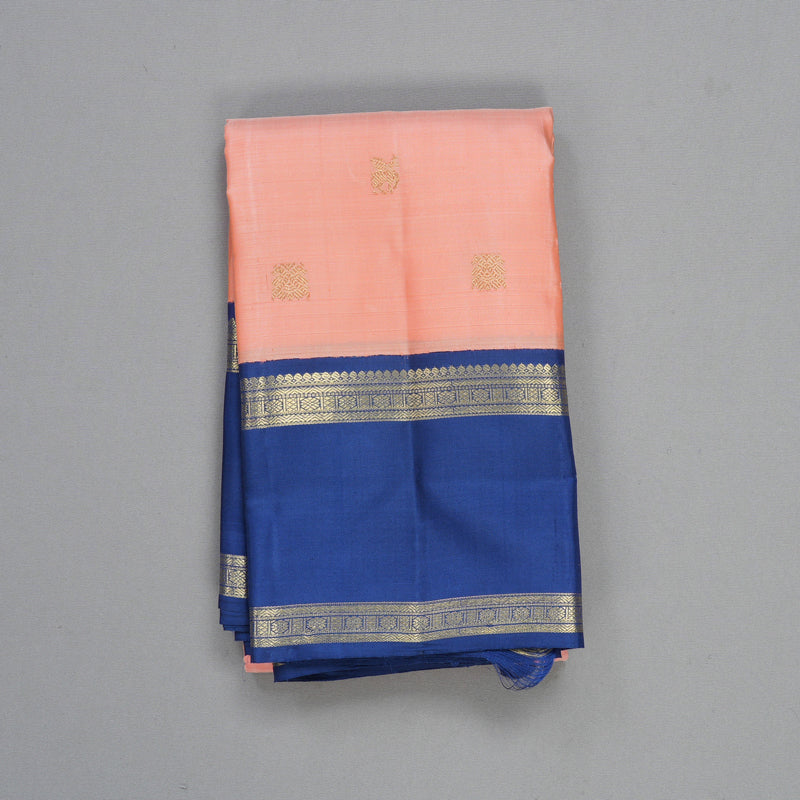 Hayagrivas Handloom Peach Pink Kanjivaram Silk Saree with Cobalt Blue Border KBFL166F1-1