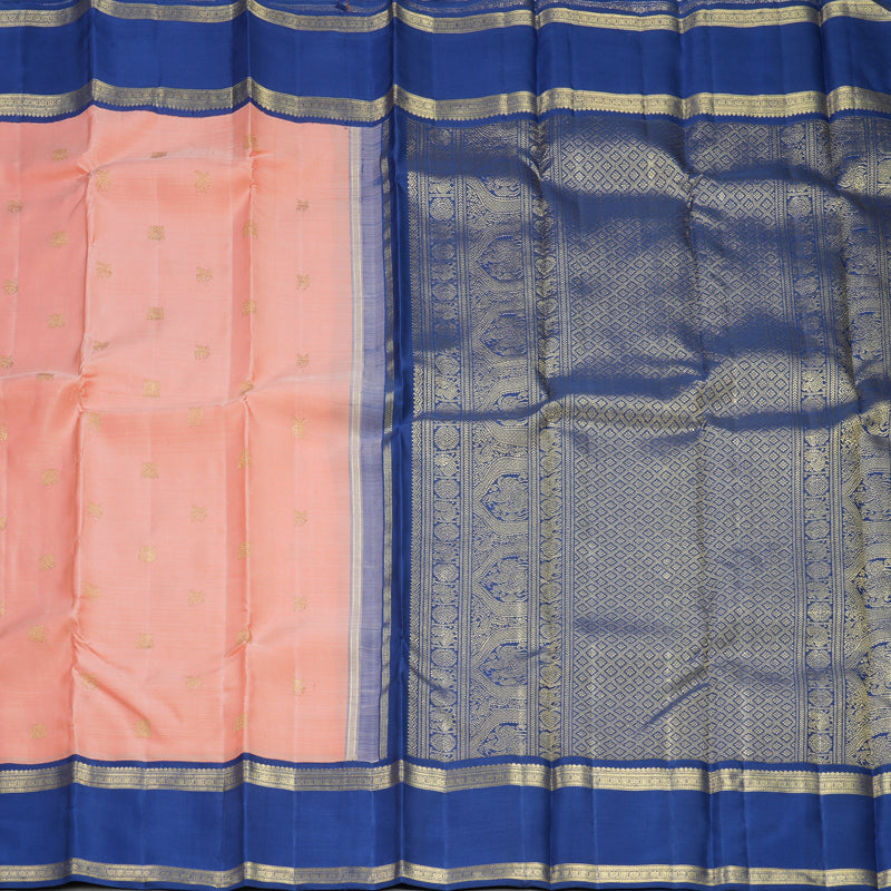 Hayagrivas Handloom Peach Pink Kanjivaram Silk Saree with Cobalt Blue Border KBFL166F1-1