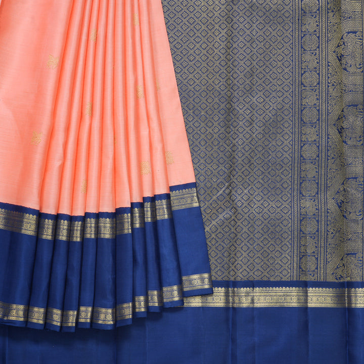 Hayagrivas Handloom Peach Pink Kanjivaram Silk Saree with Cobalt Blue Border KBFL166F1-1