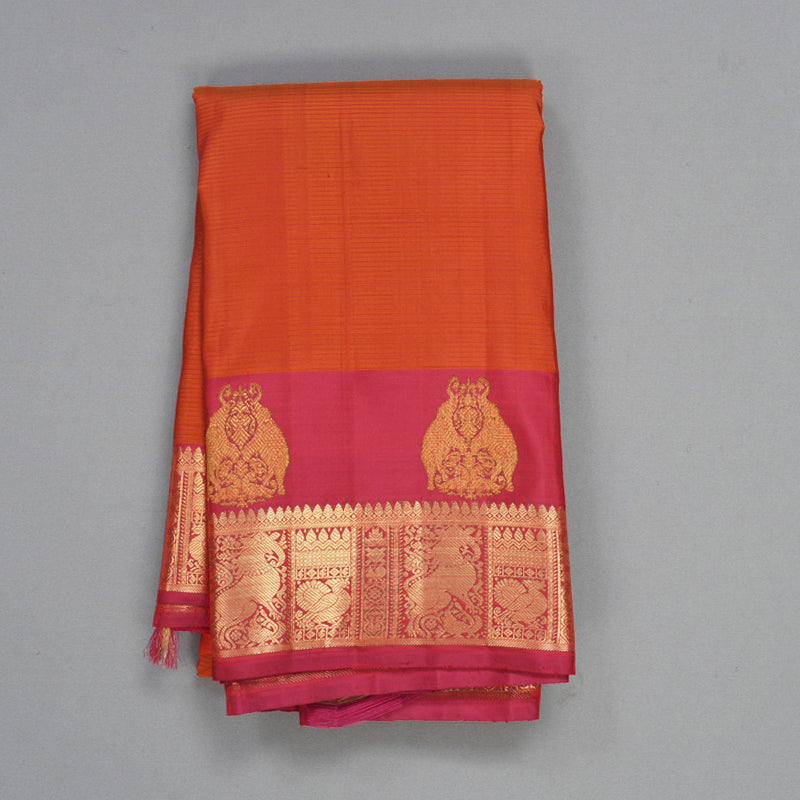 Hayagrivas Handloom Orange Kanjivaram Silk Saree with Pink Border KBFL190F1-1