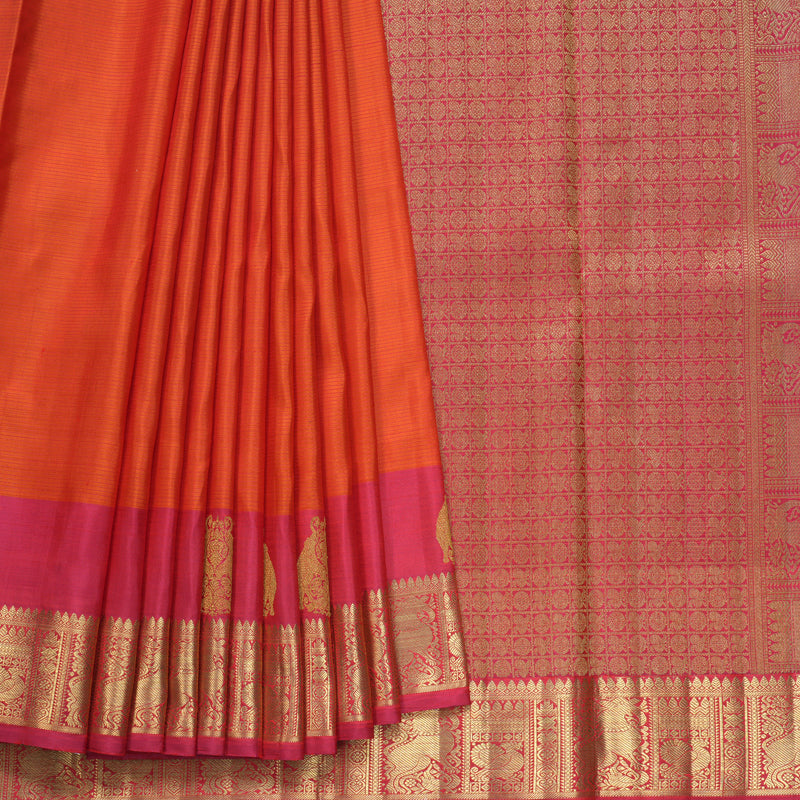 Hayagrivas Handloom Orange Kanjivaram Silk Saree with Pink Border KBFL190F1-1