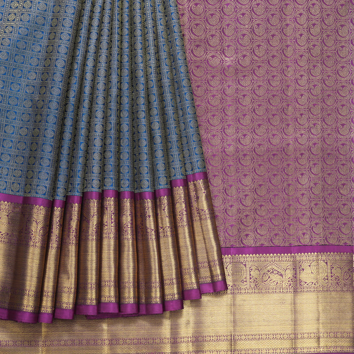 Hayagrivas Handloom Peacock Blue Ten Yards Silk Saree KBFL194F1-1
