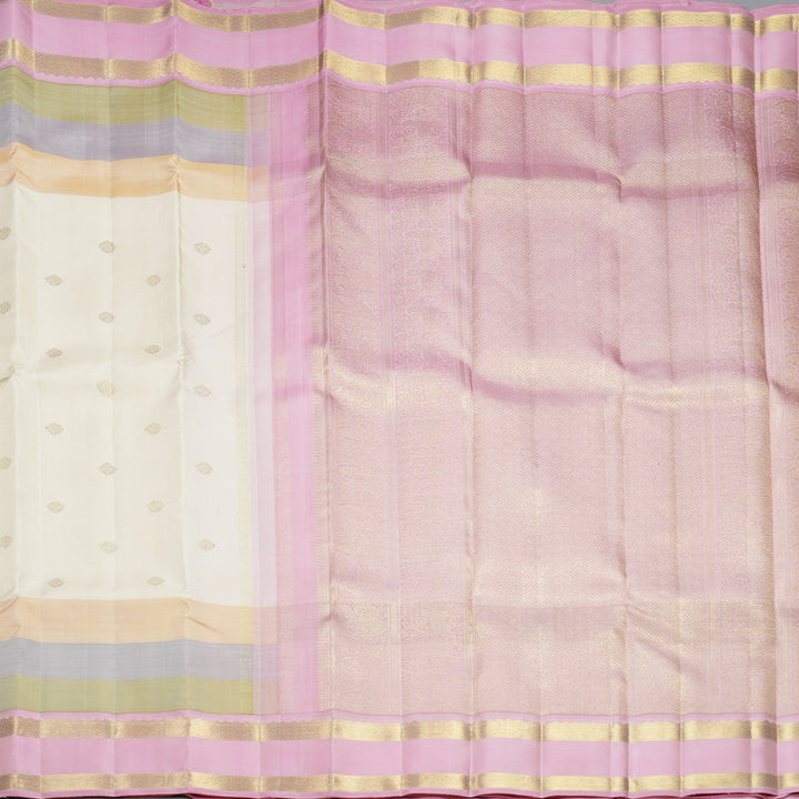 Hayagrivas Handloom Half-White Kanjivaram Silk Saree with Multicolour Border KBFL199F1-1