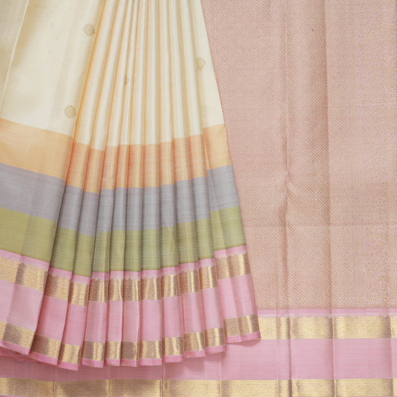 Hayagrivas Handloom Half-White Kanjivaram Silk Saree with Multicolour Border KBFL199F1-1