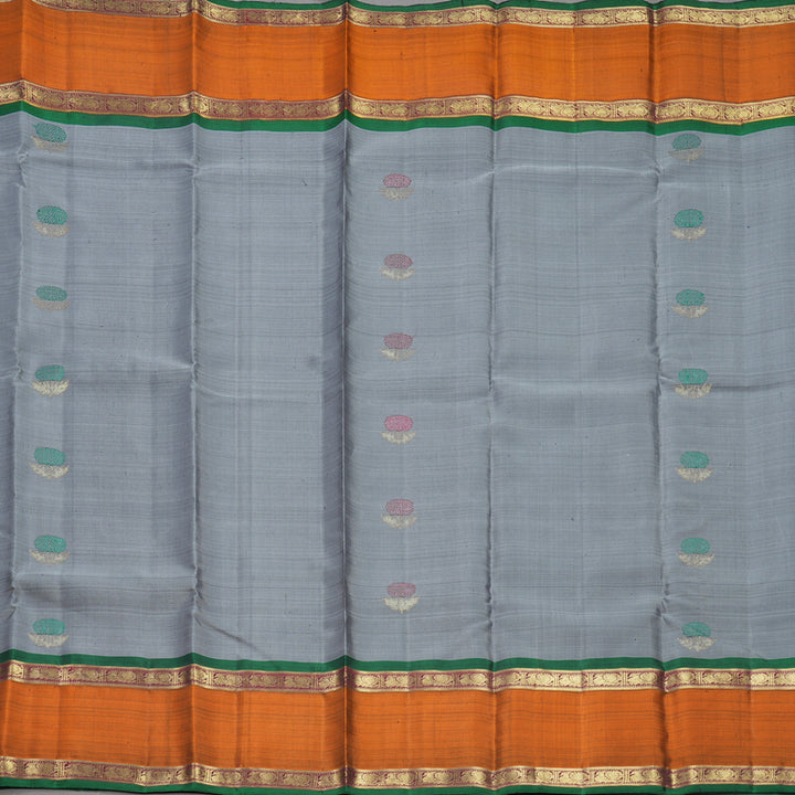 Hayagrivas Handloom Grey Kanjivaram Silk Saree with Rust Orange Border KBFL200F1-1