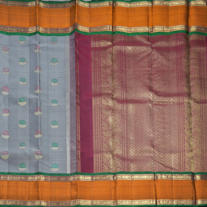 Hayagrivas Handloom Grey Kanjivaram Silk Saree with Rust Orange Border KBFL200F1-1