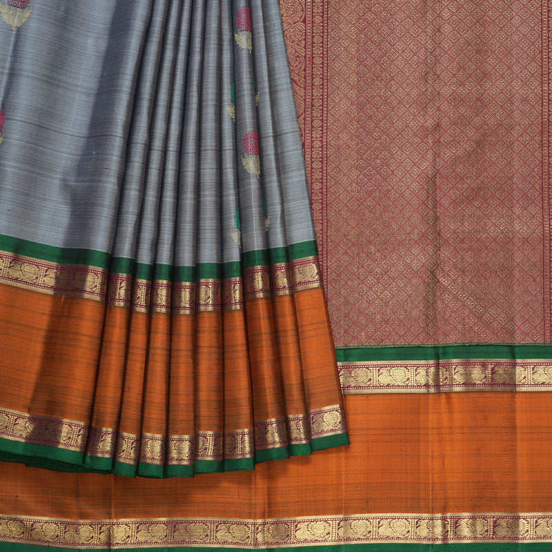 Hayagrivas Handloom Grey Kanjivaram Silk Saree with Rust Orange Border KBFL200F1-1