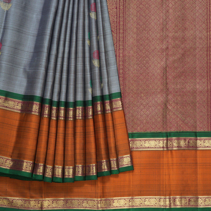 Hayagrivas Handloom Grey Kanjivaram Silk Saree with Rust Orange Border KBFL200F1-1