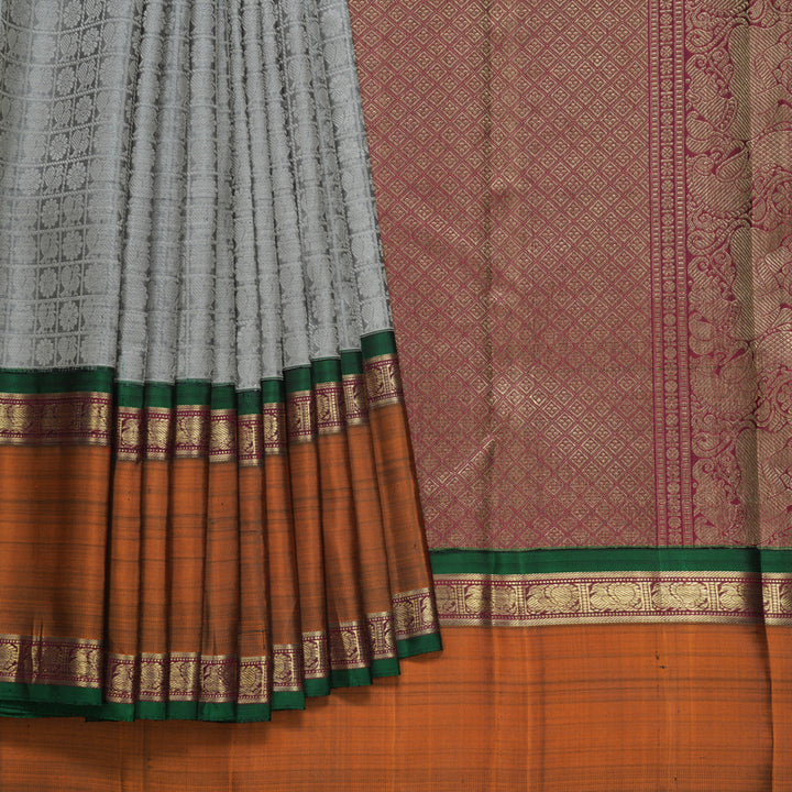 Hayagrivas Handloom Grey Kanjivaram Silk Saree with Rust Orange Border KBFL236G1-1-SBS-BF236