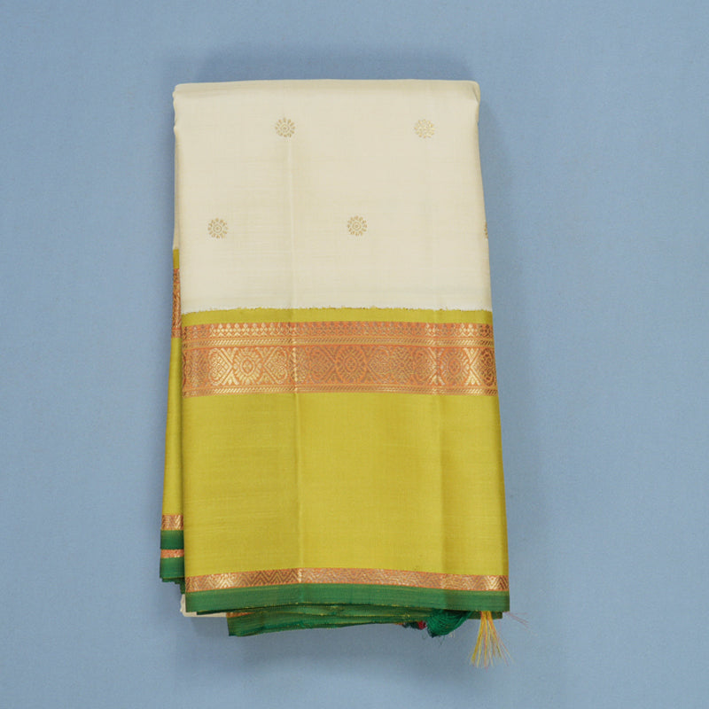 Hayagrivas Handloom Half-White Kanjivaram Silk Saree with Lime Green Border KBFL238G1-1-SBS-BF238
