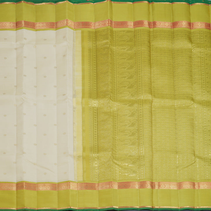 Hayagrivas Handloom Half-White Kanjivaram Silk Saree with Lime Green Border KBFL238G1-1-SBS-BF238