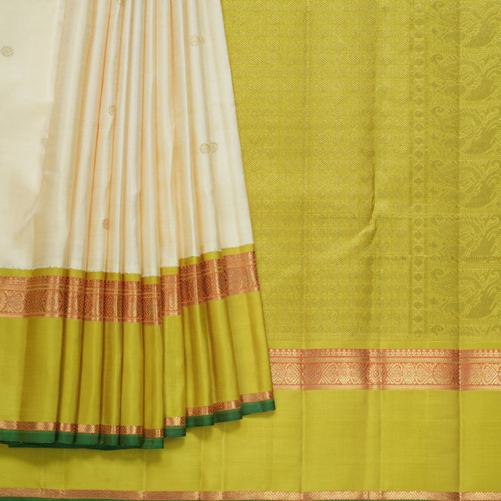 Hayagrivas Handloom Half-White Kanjivaram Silk Saree with Lime Green Border KBFL238G1-1-SBS-BF238