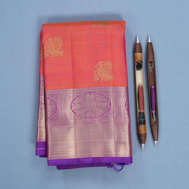 Hayagrivas Handloom Orangish-Pink Kanjivaram Silk Saree with Purple Border KBFL265H1-1-BF265-SBS