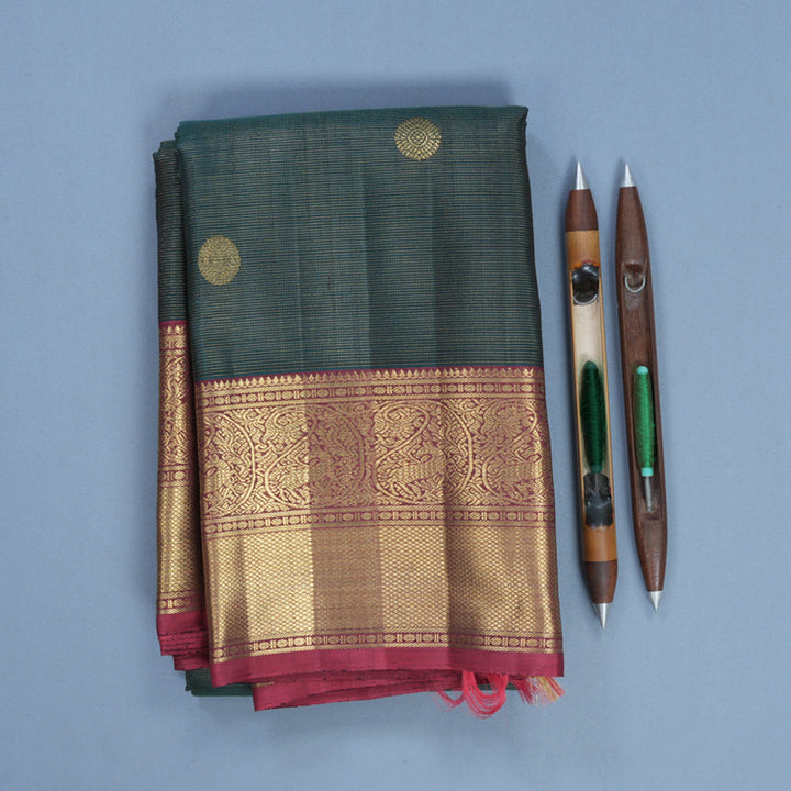 Hayagrivas Handloom Peacock Green Kanjivaram Silk Saree with Reddish-Pink Border KBFL271H1-1-BF271-SBS