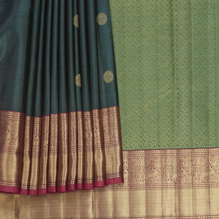 Hayagrivas Handloom Peacock Green Kanjivaram Silk Saree with Reddish-Pink Border KBFL271H1-1-BF271-SBS