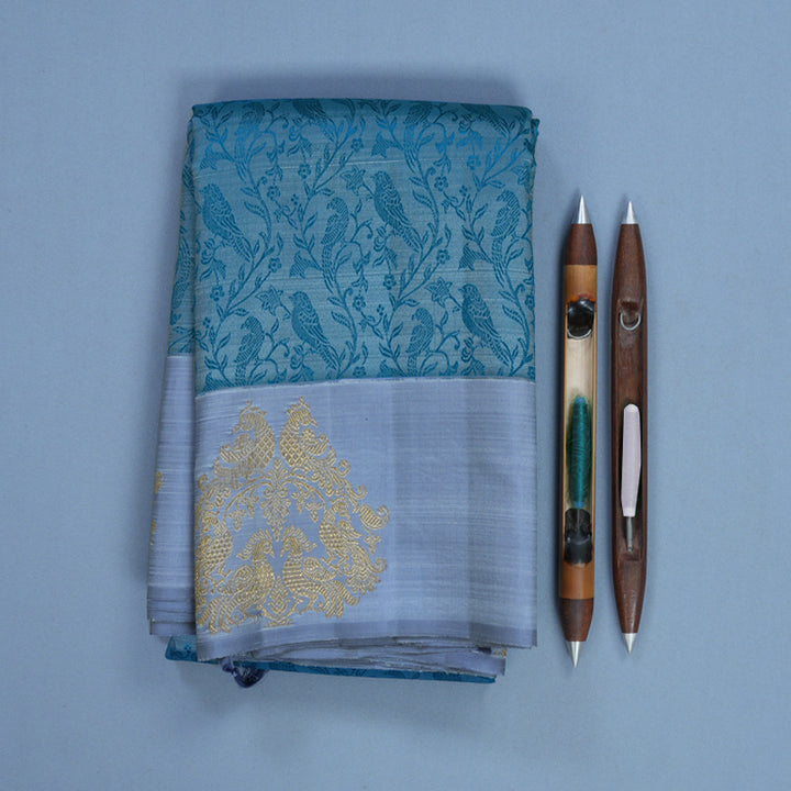 Hayagrivas Handloom Grey Kanjivaram Silk Saree with Bluish-Grey Border KBFL274H1-1-BF274-SBS