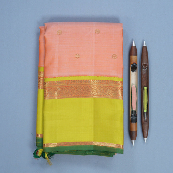 Hayagrivas Handloom Peach Orange Kanjivaram Silk Saree with Lime Green Border KBFL278H1-1-BF278-SBS