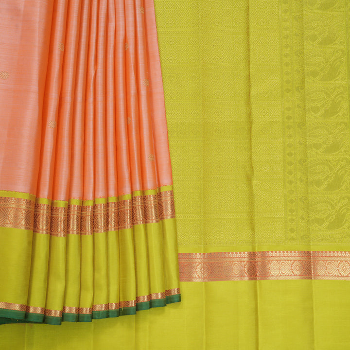 Hayagrivas Handloom Peach Orange Kanjivaram Silk Saree with Lime Green Border KBFL278H1-1-BF278-SBS