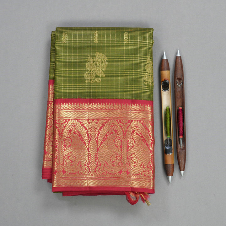 Hayagrivas Handloom Olive Green Kanjivaram Silk Saree with Maroon Border KBFL305H1-1-BF305-SBS