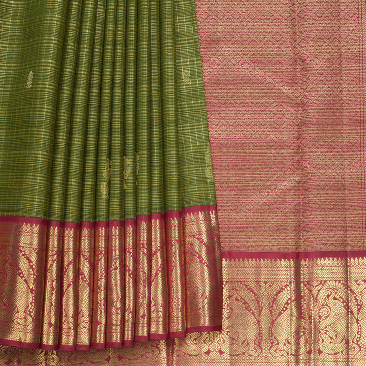 Hayagrivas Handloom Olive Green Kanjivaram Silk Saree with Maroon Border KBFL305H1-1-BF305-SBS
