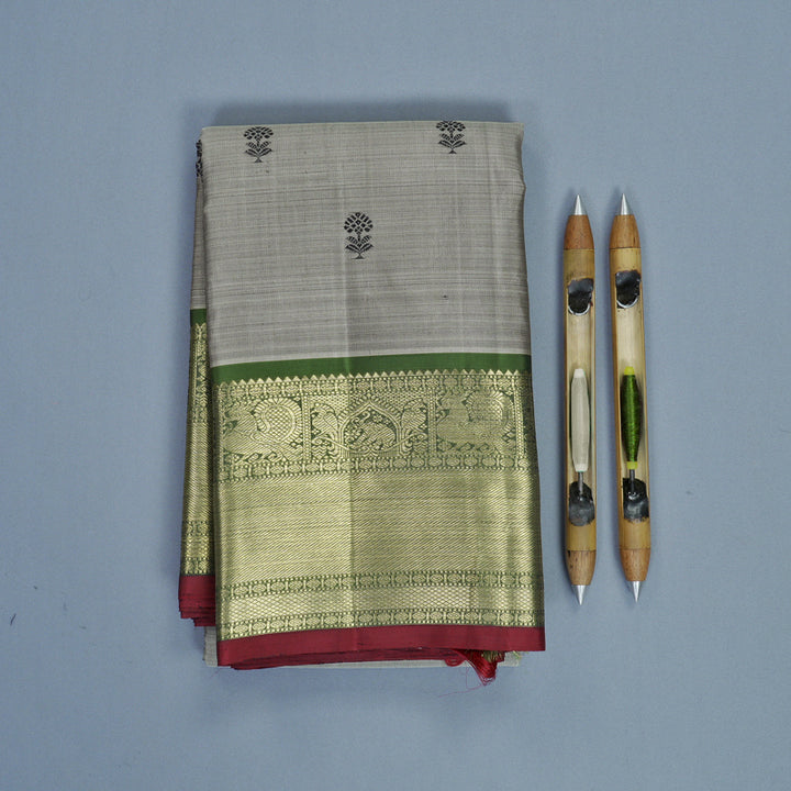 Hayagrivas Handloom Grey Kanjivaram Silk Saree with Olive Green Border KBFL314I1-1-BF314-SBS