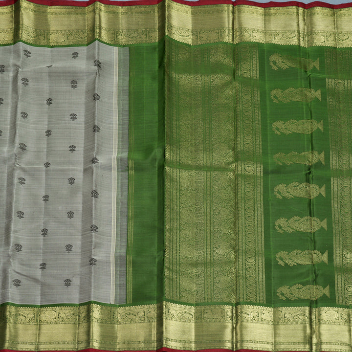 Hayagrivas Handloom Grey Kanjivaram Silk Saree with Olive Green Border KBFL314I1-1-BF314-SBS