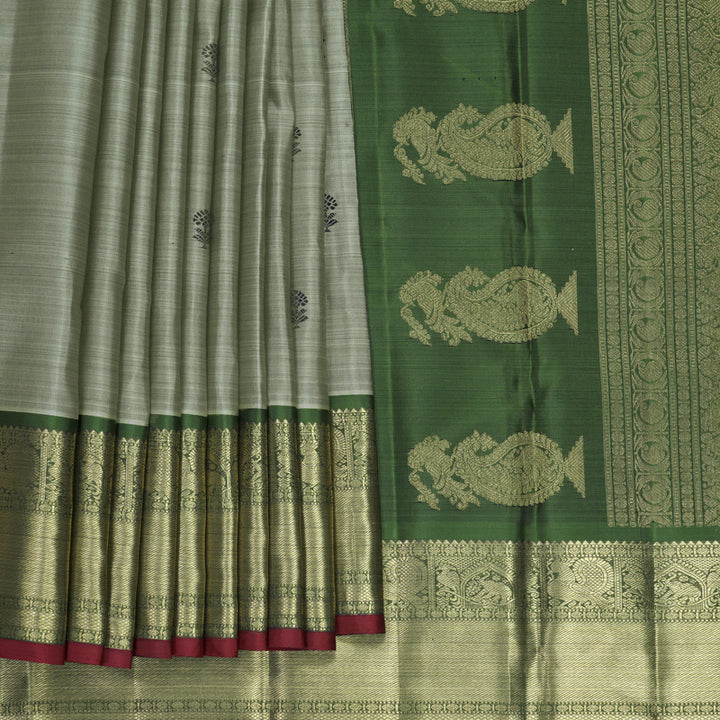 Hayagrivas Handloom Grey Kanjivaram Silk Saree with Olive Green Border KBFL314I1-1-BF314-SBS