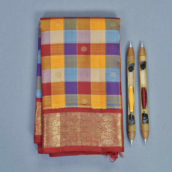 Hayagrivas Handloom Multicolour Checks Kanjivaram Silk Saree with Maroon Border KBFL316I1-1-BF316-SBS