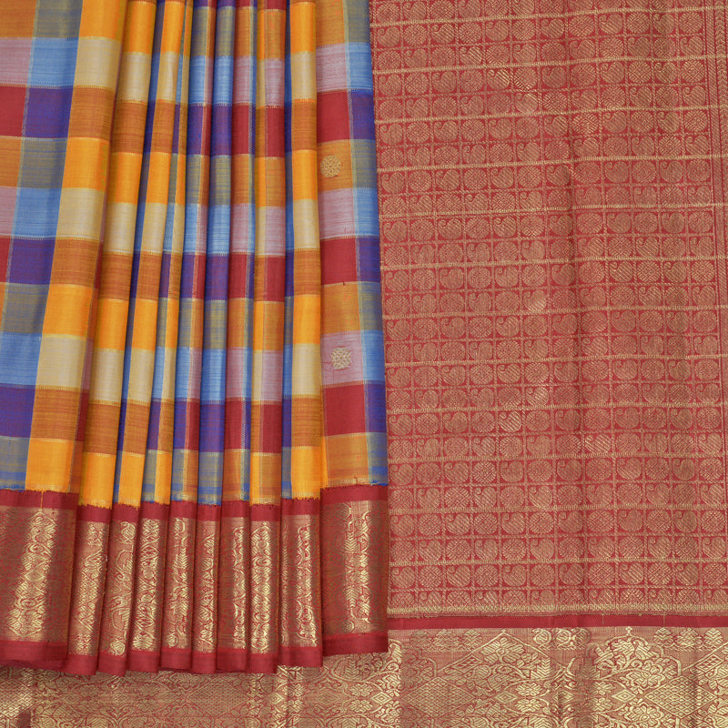 Hayagrivas Handloom Multicolour Checks Kanjivaram Silk Saree with Maroon Border KBFL316I1-1-BF316-SBS