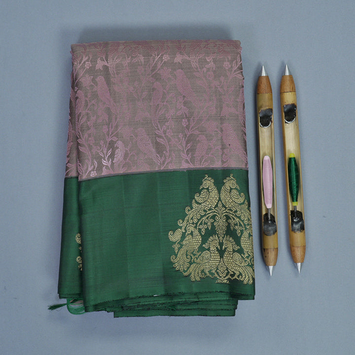 Hayagrivas Handloom Light Brown Kanjivaram Silk Saree with Peacock Green Border KBFL324I1-1-BF324-SBS