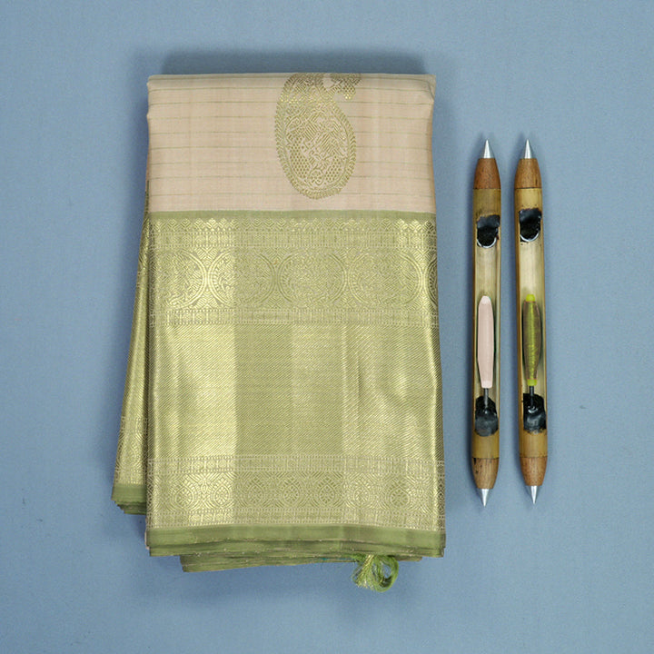 Hayagrivas Handloom Mild Peach Kanjivaram Silk Saree with Sage Green Border KBFL325I1-1-BF325-SBS
