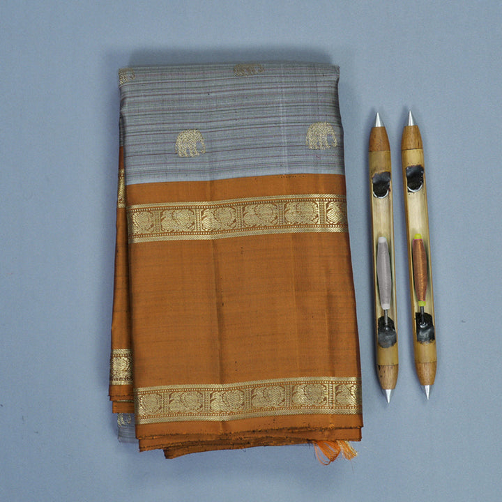 Hayagrivas Handloom Grey Kanjivaram Silk Saree with Rust Orange Border KBFL336I1-1-BF336-SBS