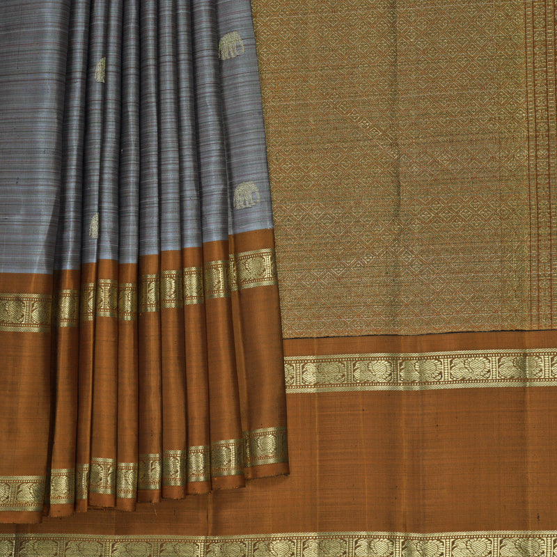 Hayagrivas Handloom Grey Kanjivaram Silk Saree with Rust Orange Border KBFL336I1-1-BF336-SBS