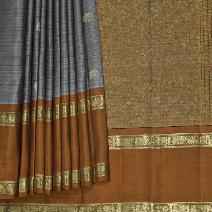 Hayagrivas Handloom Grey Kanjivaram Silk Saree with Rust Orange Border KBFL336I1-1-BF336-SBS