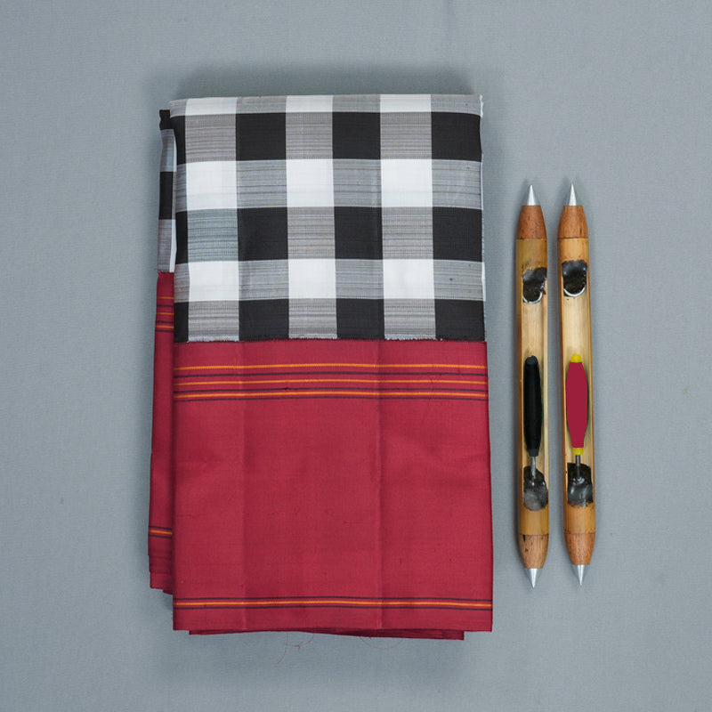 Hayagrivas Handloom Black &amp; White Checks Kanjivaram Silk Saree with Maroon Border KBFL349I1-1-BF349-SBS