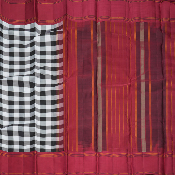 Hayagrivas Handloom Black &amp; White Checks Kanjivaram Silk Saree with Maroon Border KBFL349I1-1-BF349-SBS