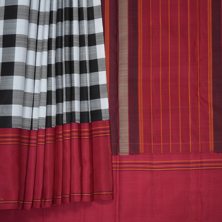 Hayagrivas Handloom Black &amp; White Checks Kanjivaram Silk Saree with Maroon Border KBFL349I1-1-BF349-SBS