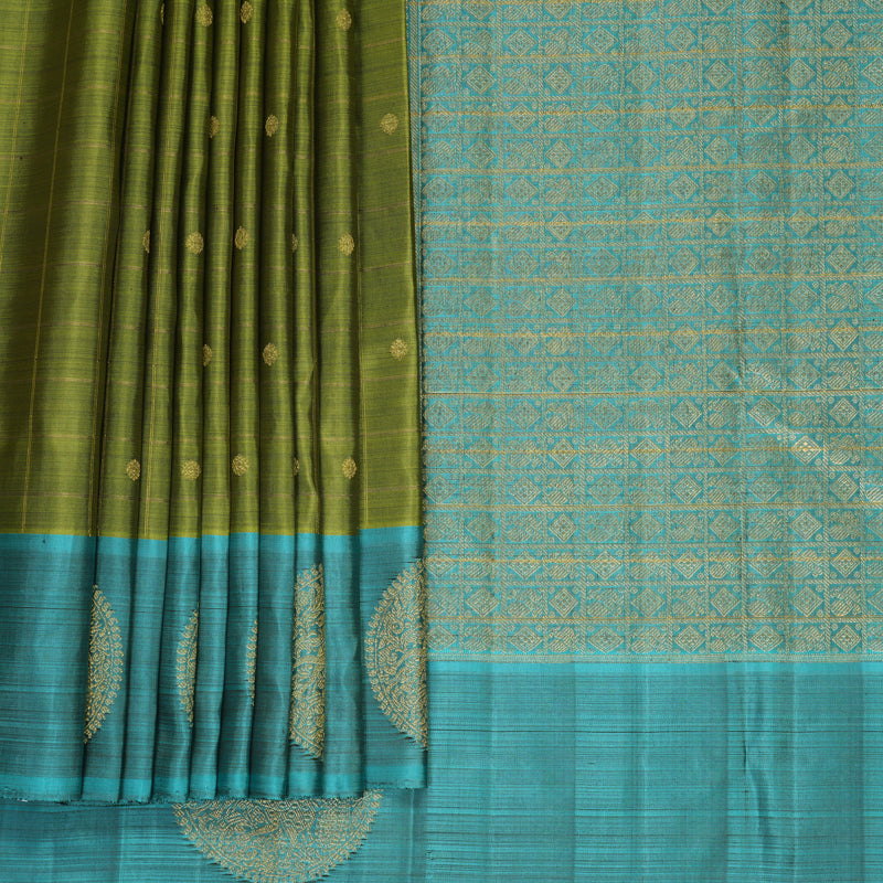 Hayagrivas Handloom Leaf Green Kanjivaram Silk Saree with Sky Blue Border KBFL361I1-1-BF361-SBS