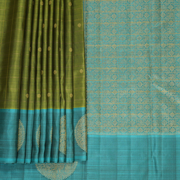 Hayagrivas Handloom Leaf Green Kanjivaram Silk Saree with Sky Blue Border KBFL361I1-1-BF361-SBS