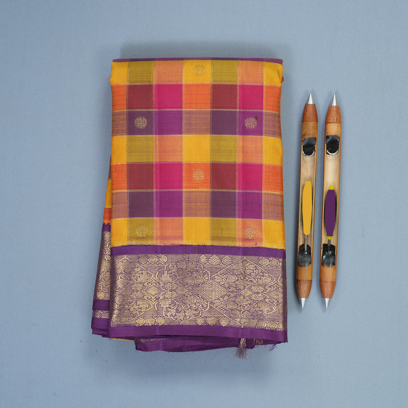 Hayagrivas Handloom Multicolour Checks Kanjivaram Silk Saree with Purple Border KBFL370I1-1-BF370-SBS