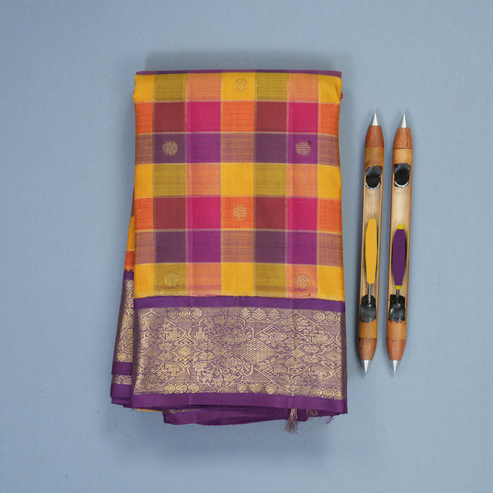 Hayagrivas Handloom Multicolour Checks Kanjivaram Silk Saree with Purple Border KBFL370I1-1-BF370-SBS