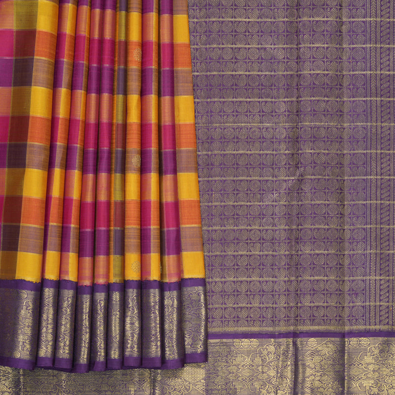 Hayagrivas Handloom Multicolour Checks Kanjivaram Silk Saree with Purple Border KBFL370I1-1-BF370-SBS