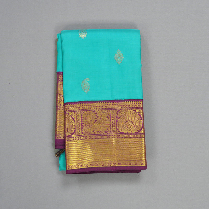 Hayagrivas Handloom Bright Teal Kanjivaram Silk Saree with Violet Border KSBE102B8-8