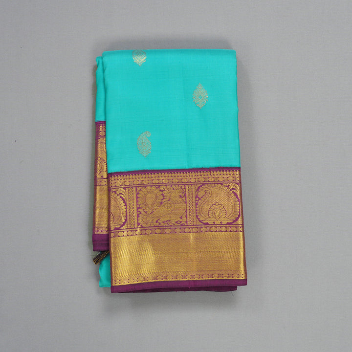 Hayagrivas Handloom Bright Teal Kanjivaram Silk Saree with Violet Border KSBE102B8-8