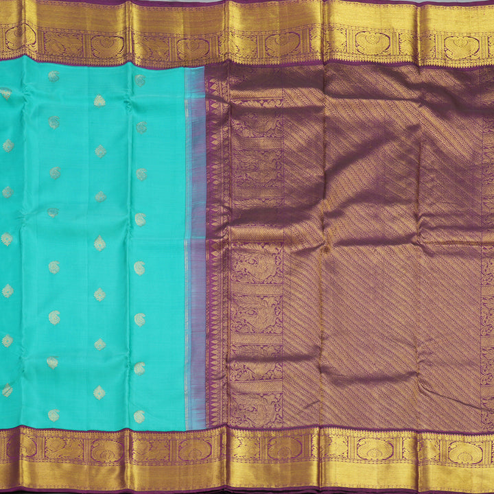 Hayagrivas Handloom Bright Teal Kanjivaram Silk Saree with Violet Border KSBE102B8-8