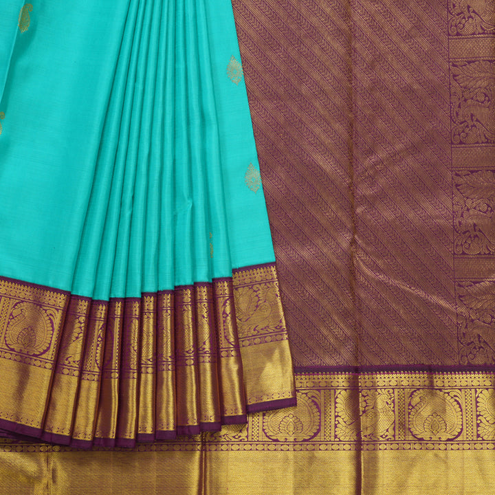 Hayagrivas Handloom Bright Teal Kanjivaram Silk Saree with Violet Border KSBE102B8-8