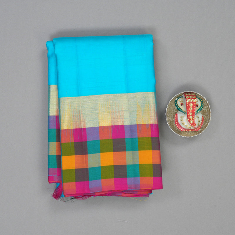 Hayagrivas Handloom Sky Blue Kanjivaram Silk Saree with Multicolour Checks Border KSBE104B1-3
